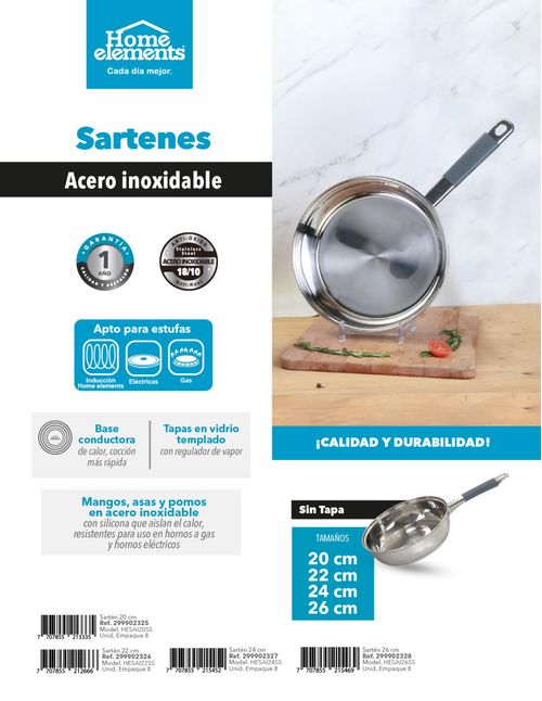 Sarten Acero Inoxidable 22 cm - Sin Tapa