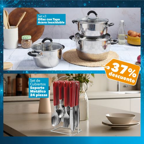 Set X3 Ollas con Tapa + Juego Cubiertos 24 Piezas